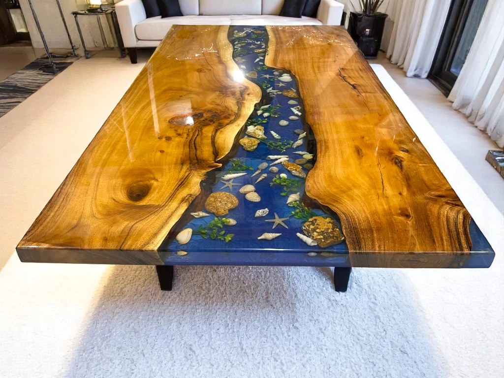 Epoxy Table Top For Sale with Iron Stand | Ocean Waves Inspired 